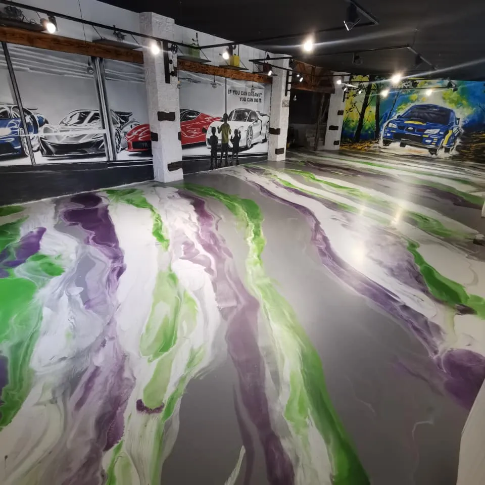 Marbled metallic epoxy floor in a showroom